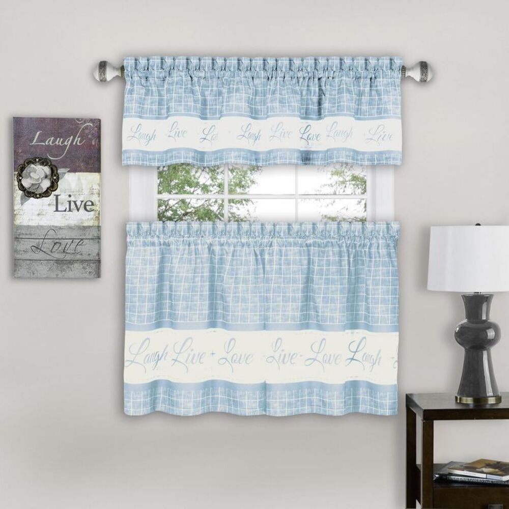 Country Gingham Check Live Laugh Love 3-Piece Cafe Plaid Kitchen Curtain Set